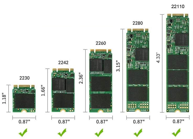 M.2 PCIe NVMe drive sizes 2230 2242 2260 2280
22110